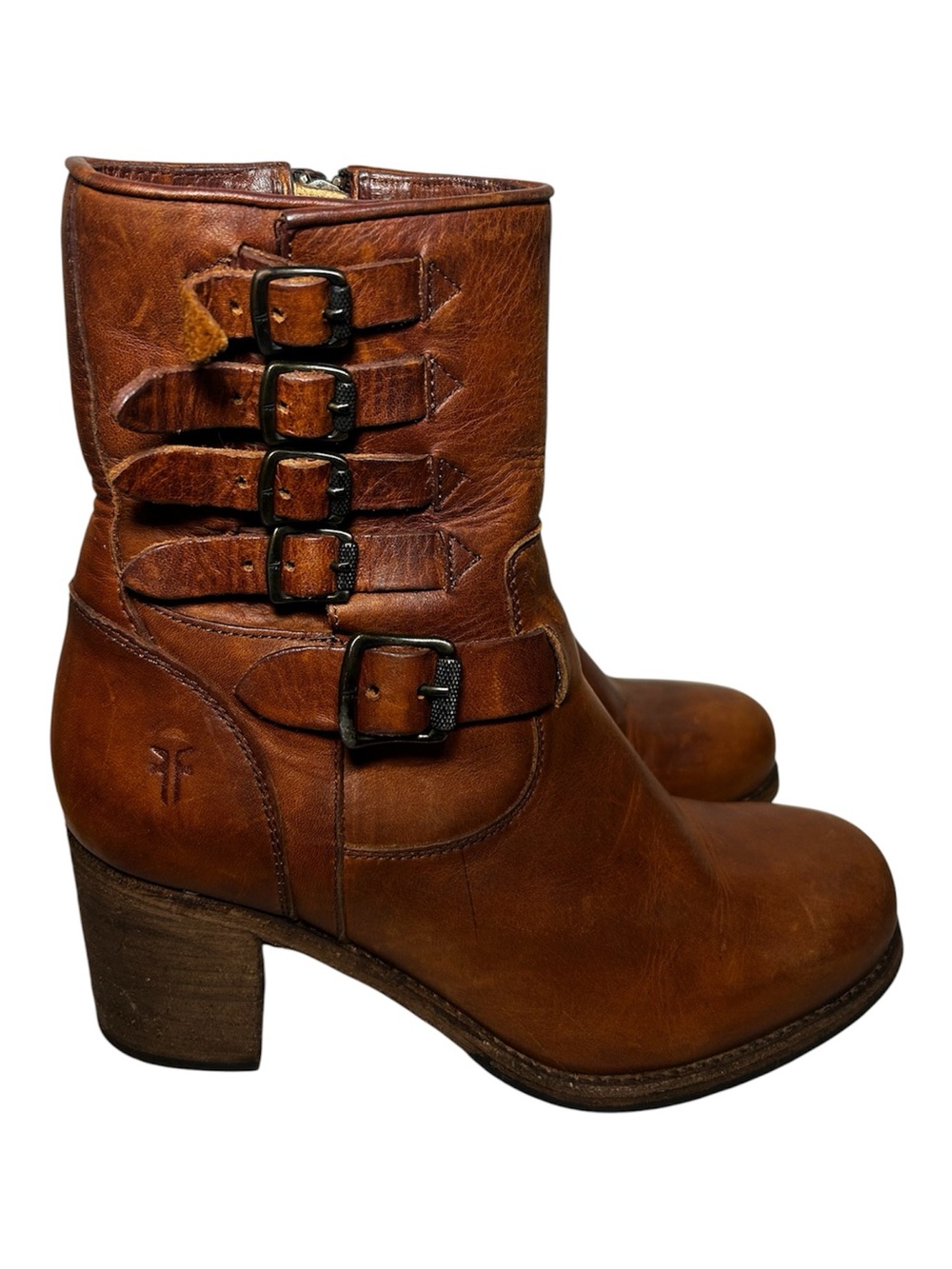 Frye Boots Womens Size 8B Kelly Belted Leather Biker Buckle Ankle Zip Block Heel
